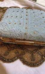 Load image into Gallery viewer, Light Blue Chikankari Embroidered Clutch with Golden Colour Chain - HONC0263111
