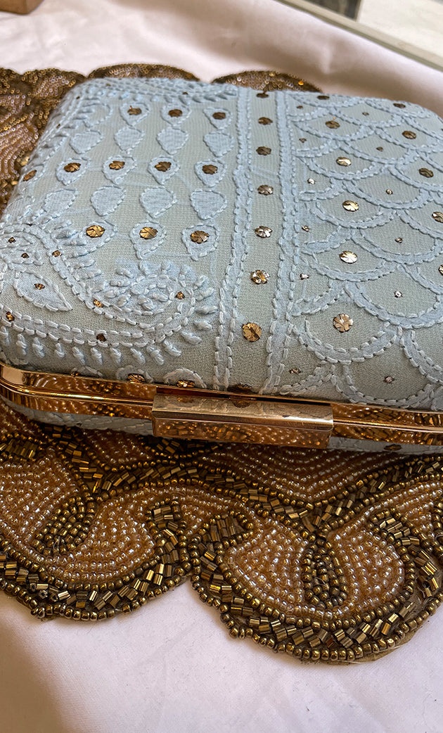 Light Blue Chikankari Embroidered Clutch with Golden Colour Chain - HONC0263111