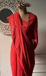 将图像加载到图库查看器中， Women&#39;s Lakhnavi Handcrafted Pure Silk Georgette Chikankari Saree - HONC0307218
