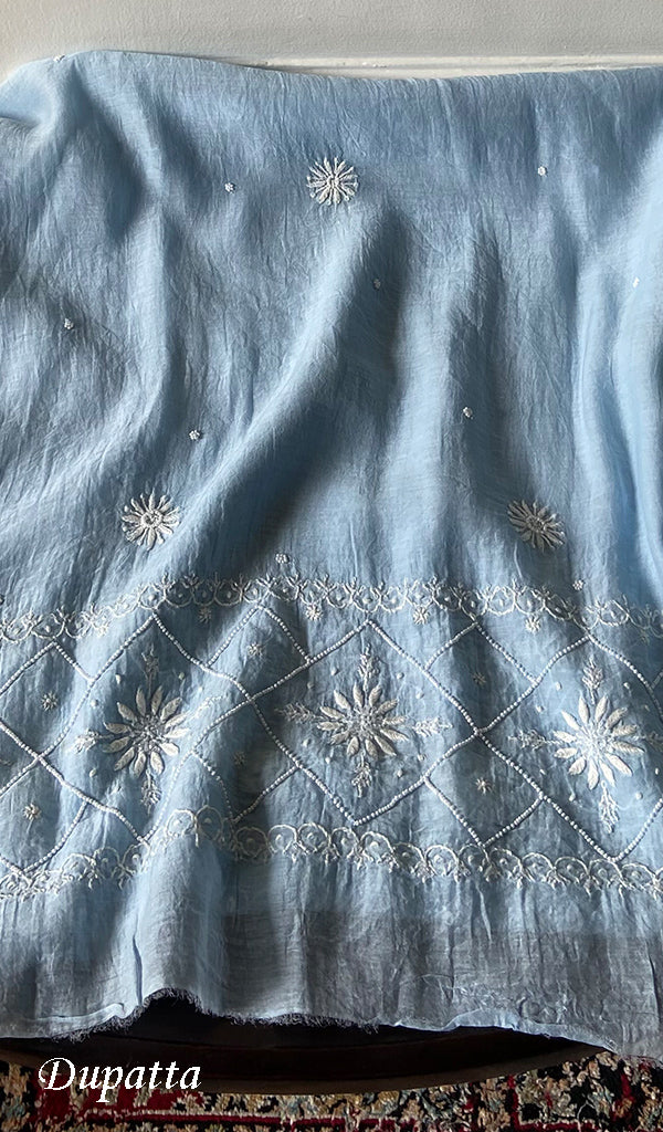 Basma Women's Lucknowi Handcrafted Mul Chanderi Semi - stitched Chikankari Anarkali Full Set - HONC0360090