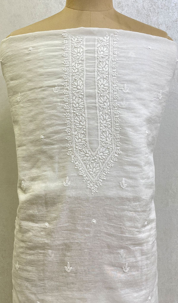 Lucknowi Handcrafted White Chanderi silk Chikankari Unstitched Men's Kurta Fabric - HONC0146629