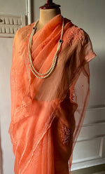 Load image into Gallery viewer, Women&#39;s Lucknowi Handcrafted Pure Organza Silk Chikankari Saree - HONC0283198
