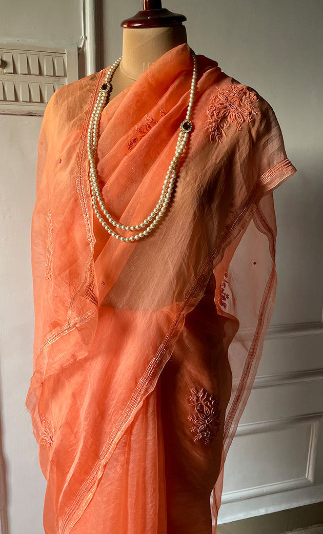 Women's Lucknowi Handcrafted Pure Organza Silk Chikankari Saree - HONC0283198