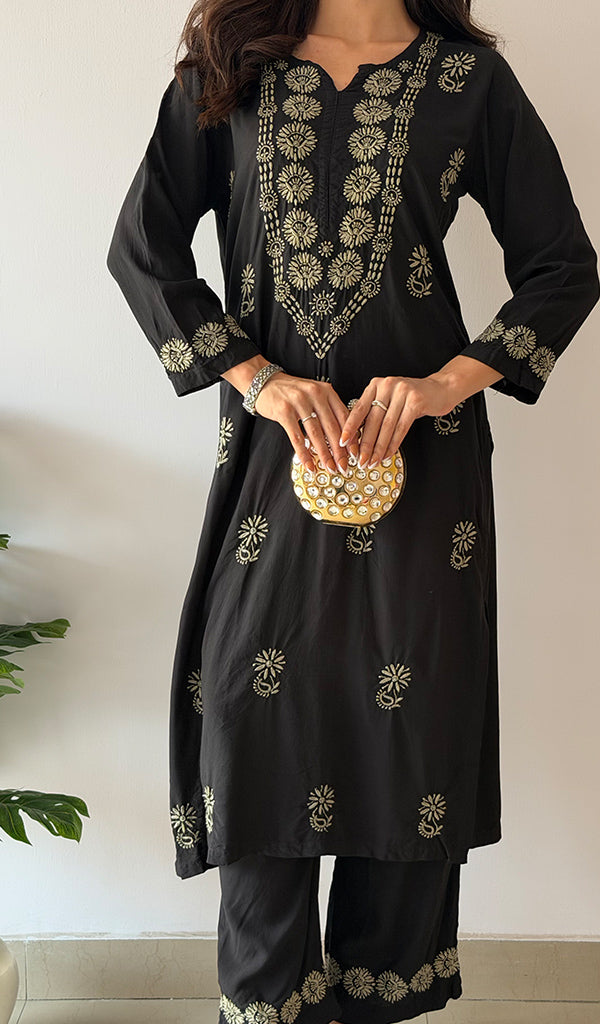 Women's Lakhnavi Handcrafted Modal Cotton Chikankari Kurti And Plazzo Set - HONC0373274