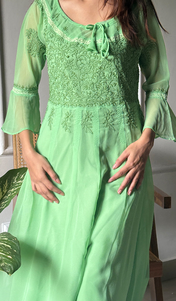 Women's Lakhnavi Handcrafted Faux-Georgette Chikankari Anarkali Dress - HONC0389400