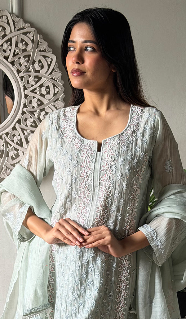 Saziya Women's Lakhnavi Handcrafted Mul Chanderi Chikankari Stitched Kurta, Dupatta And Pant Set - HONC0324263