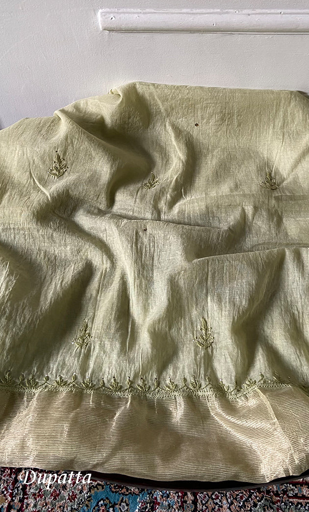 Women's Lakhnavi Handcrafted Mul Chanderi Unstitched Chikankari Full Suit Material - HONC0324472