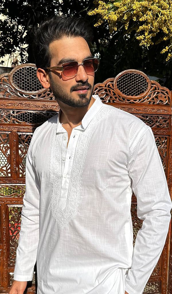 Men's Lucknowi Handcrafted Cotton Chikankari Kurta - HONC0337903