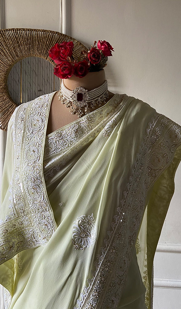 Women's Lakhnavi Handcrafted Pure Silk Georgette Chikankari Saree - HONC0358685