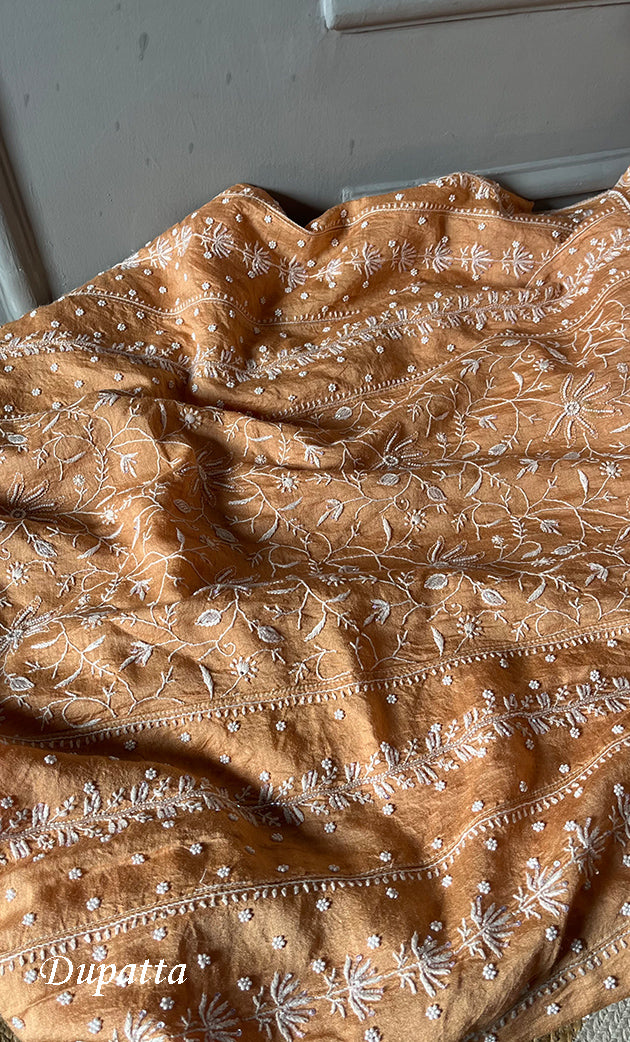 Women's Lakhnavi Handcrafted Munga Silk Semi - Stitched Chikankari Kurta And Dupatta Set- HONC0281959