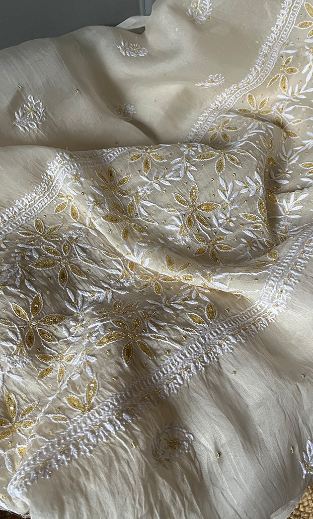 Women's Lakhnavi Handcrafted Pure Organza Chikankari Unstitched Kurta And Dupatta Set- HONC0319581