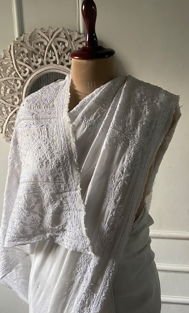 Women's Lakhnavi Handcrafted Viscose Georgette Chikankari Saree - HONC0278733