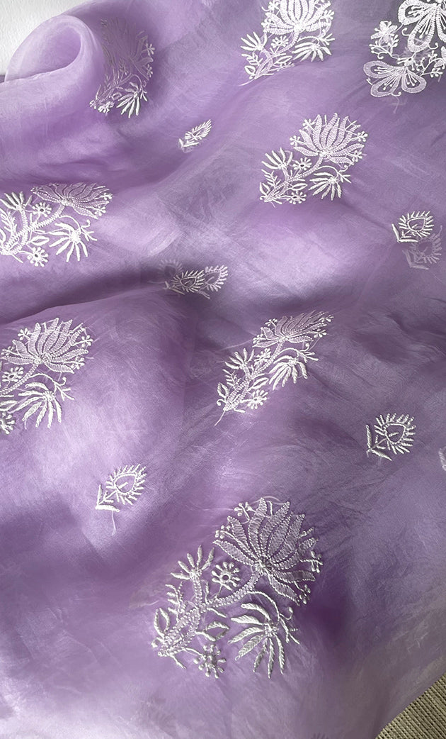 Women's Lakhnavi Handcrafted Pure Organza Chikankari Unstitched Kurta And Dupatta Set- HONC0314175