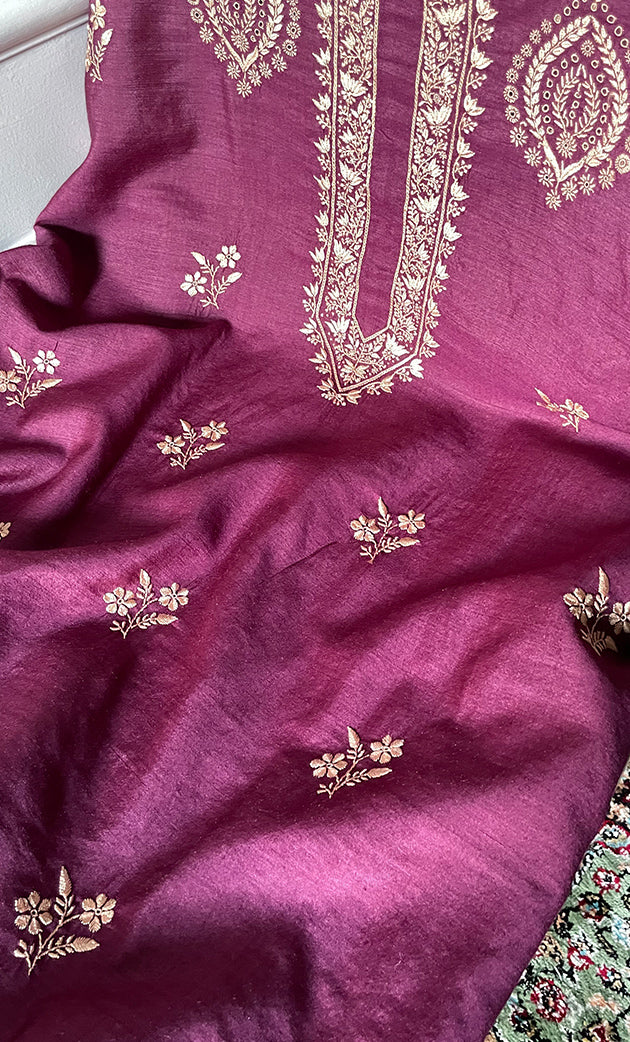 Lucknowi Handcrafted Munga Silk Chikankari Unstitched Men's Kurta Fabric - HONC0327308