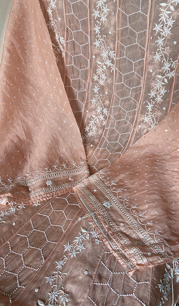 Women's Lucknowi Handcrafted Pure Organza Silk Chikankari Semi- stitched Anarkali Dupatta Set- HONC0362219