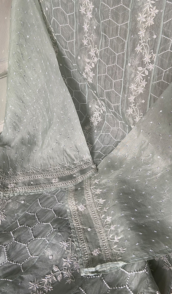 Eshani Women's Lucknowi Handcrafted Pure Organza Silk Chikankari Semi- stitched Anarkali Dupatta Set- HONC0362214