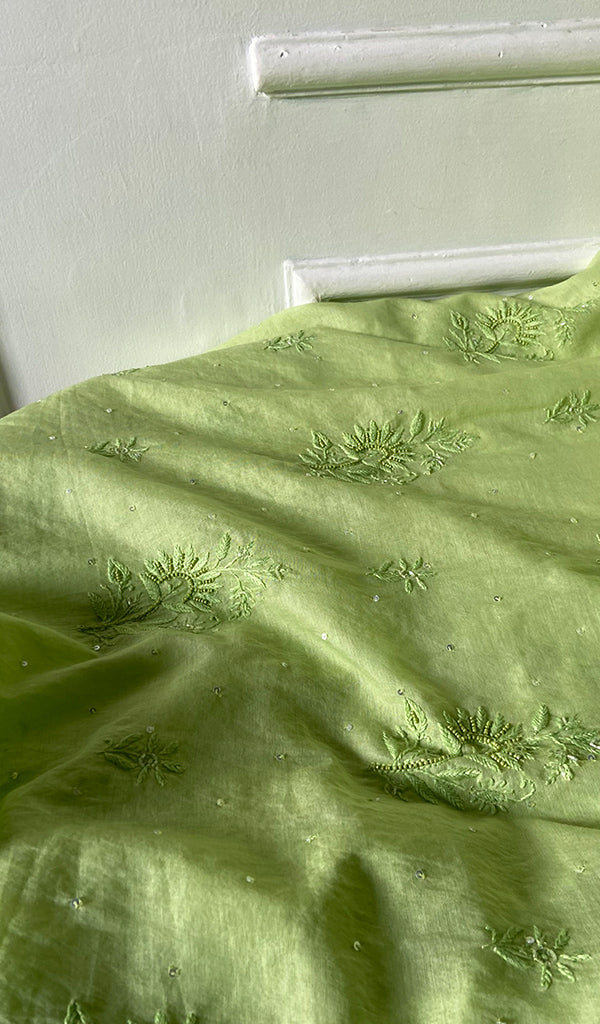 Women's Lakhnavi Handcrafted Mul Chanderi Unstitched Chikankari Full Suit Material - HONC0328111