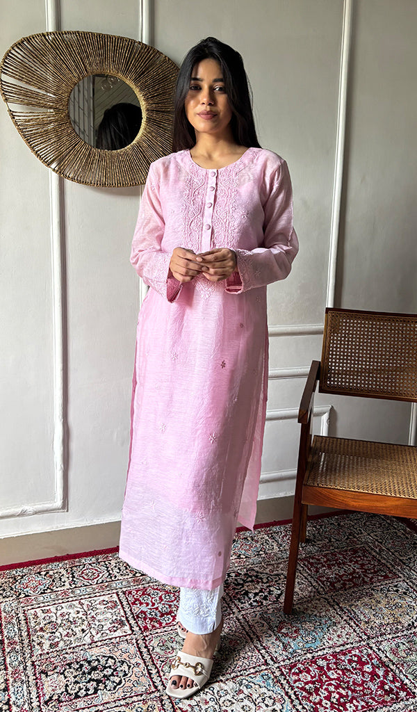 Nyra Women's Lakhnavi Handcrafted Linen Cotton Chikankari Kurti - HONC02647660