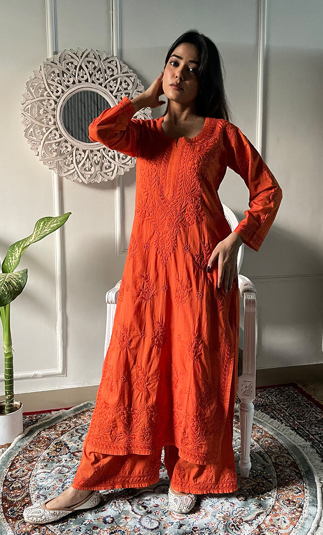 Women's Lakhnavi Handcrafted Chanderi Silk Chikankari Top And Pant Set - HONC0320557