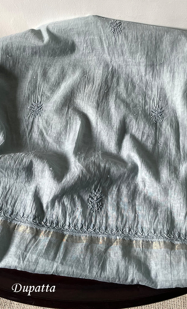 Women's Lakhnavi Handcrafted Mul Chanderi Semi - stitched Chikankari Full Suit Material - HONC0319558