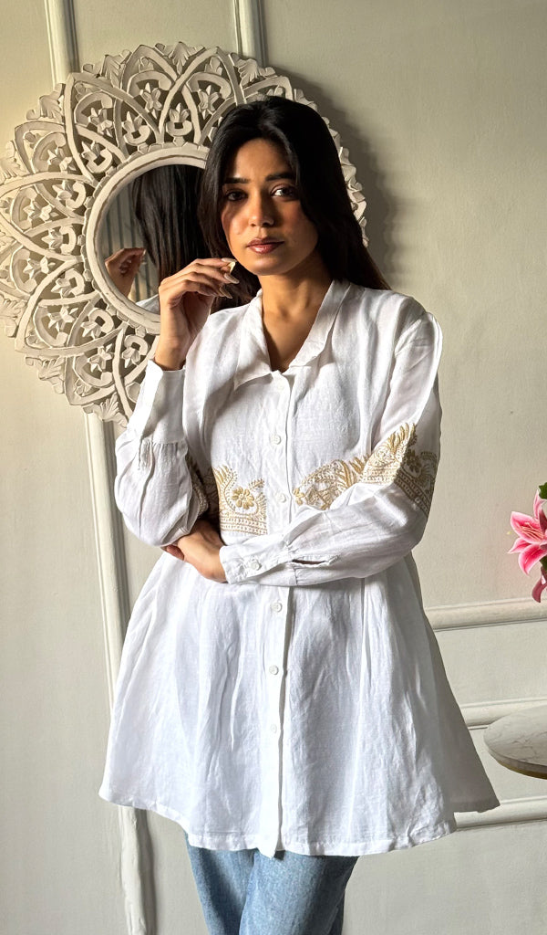 Mahika Women's Lucknowi Handcrafted Slub Cotton Chikankari Shirt - HONC0344239