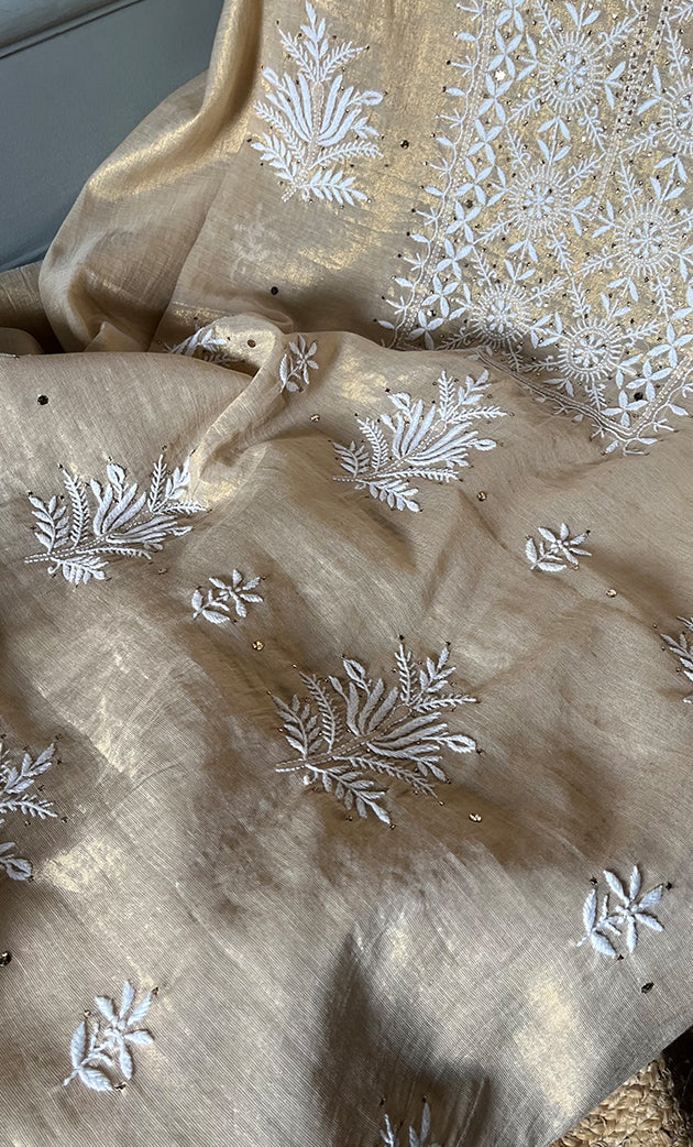 Women's Lakhnavi Handcrafted Tissue Chanderi Unstitched Kurta And Dupatta Set - HONC0278200