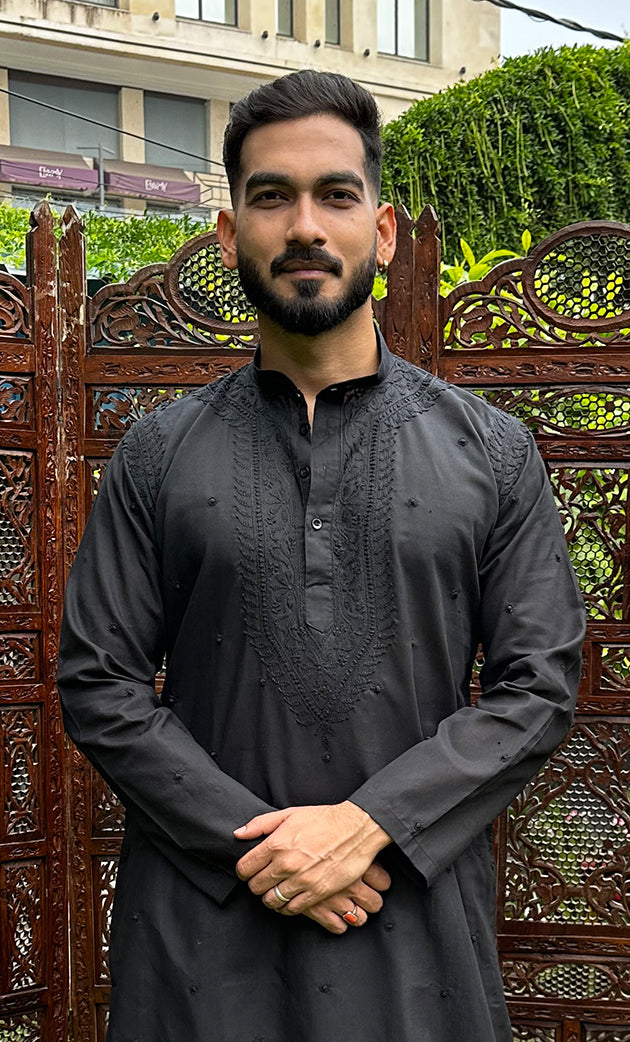 Men's Lucknowi Handcrafted Cotton Chikankari Kurta - HONC0321571