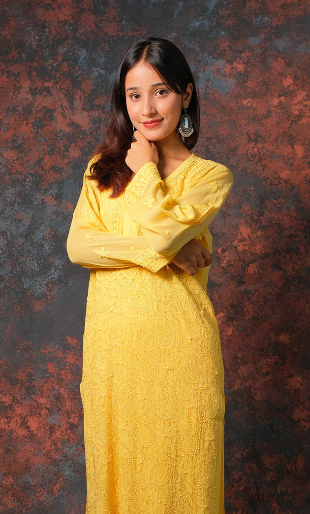 Yusra Women's Lakhnavi Handcrafted Viscose Georgette Chikankari Kurti- HONC0327255