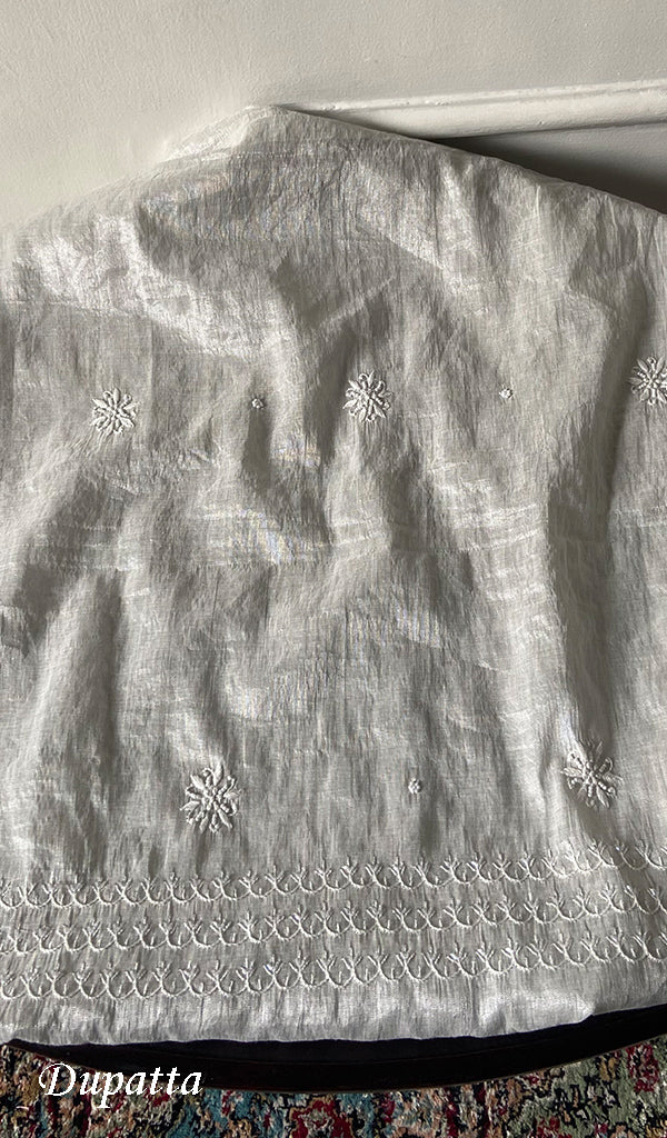 Women's Lakhnavi Handcrafted Tissue Chanderi Unstitched Chikankari Kurta And Dupatta Set - HONC0323645