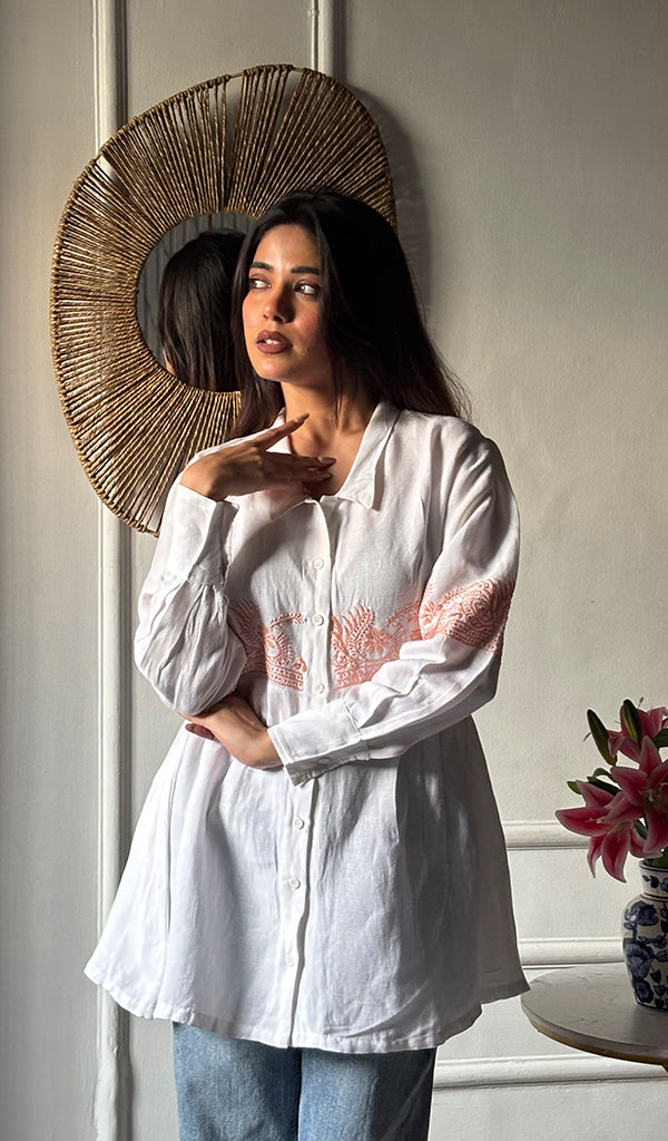 Mahika Women's Lucknowi Handcrafted Slub Cotton Chikankari Shirt - HONC0344254