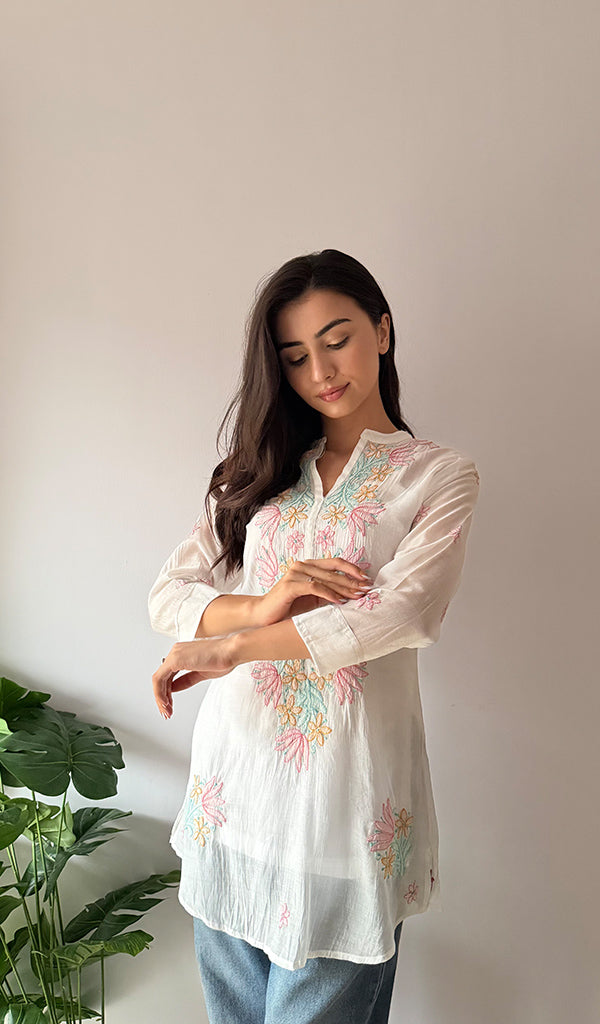 Sophia Women's Lakhnavi Handcrafted Mul Chanderi Chikankari Top - HONC0372931