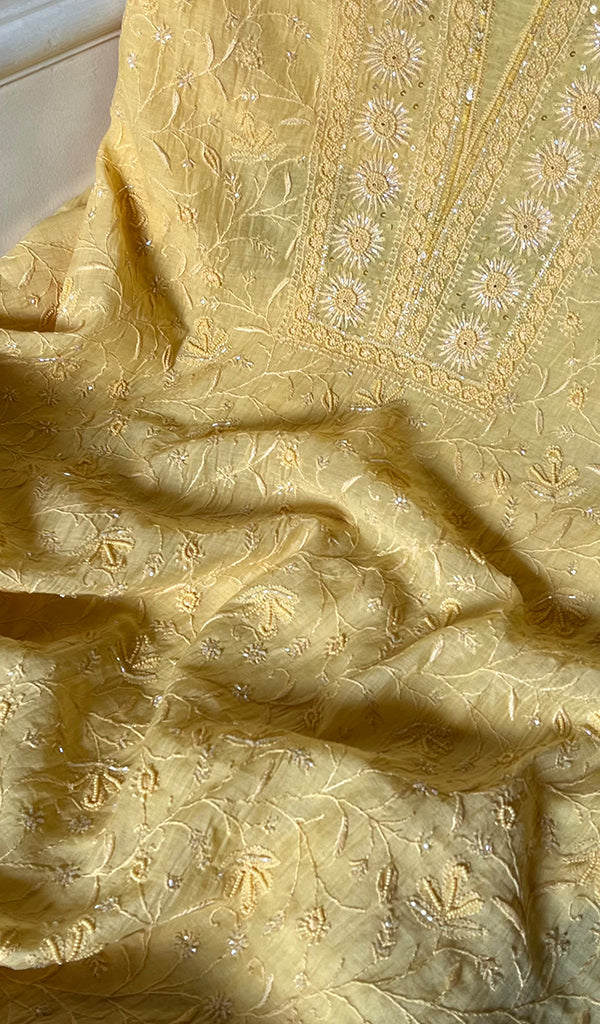 Women's Lakhnavi Handcrafted Mul Chanderi Unstitched Kurta And Dupatta Set - HONC0280842