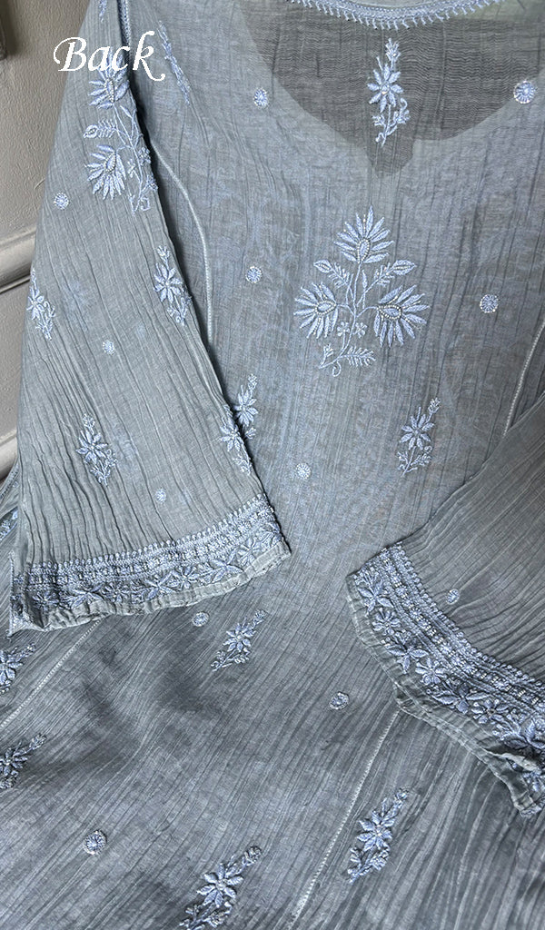 Women's Lakhnavi Handcrafted Mul Chanderi Semi - stitched Chikankari Full Suit Material - HONC0344345