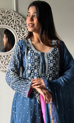 Load image into Gallery viewer, Women's Lakhnavi Handcrafted Mul Chanderi Chikankari Stitched Anarkali, Dupatta And Pant Set - HONC0328257