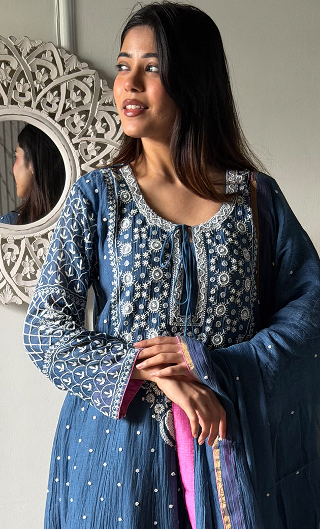 Women's Lakhnavi Handcrafted Mul Chanderi Chikankari Stitched Anarkali, Dupatta And Pant Set - HONC0328257