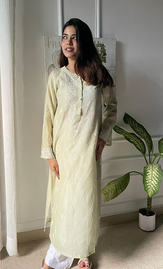 Amayra Women's Lucknowi Handcrafted Maheshwari Mul Chanderi Chikankari Kurti - HONC0300060