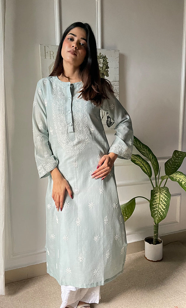 Amayra Women's Lucknowi Handcrafted Maheshwari Mul Chanderi Chikankari Kurti - HONC0300062