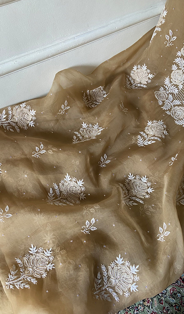 Women's Lakhnavi Handcrafted Pure Organza Chikankari Unstitched Kurta And Dupatta Set- HONC0346451