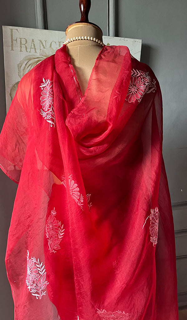 Women's Lucknowi Handcrafted Pure Organza Silk Chikankari Saree - HONC0230130