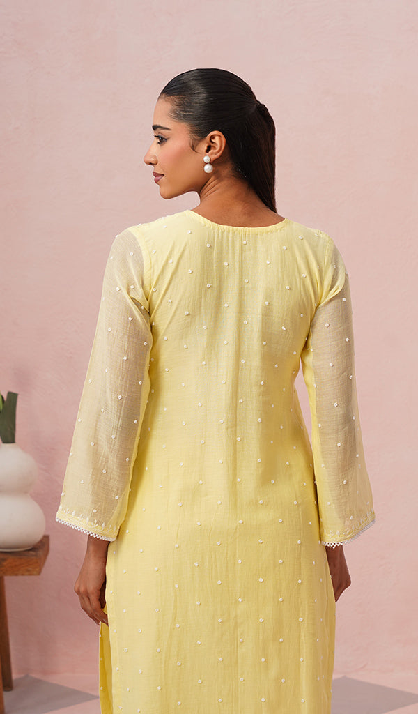 Jazba Women's Lakhnavi Handcrafted Mul Chanderi Chikankari Stitched Kurta, Dupatta And Pant Set - HONC0469874