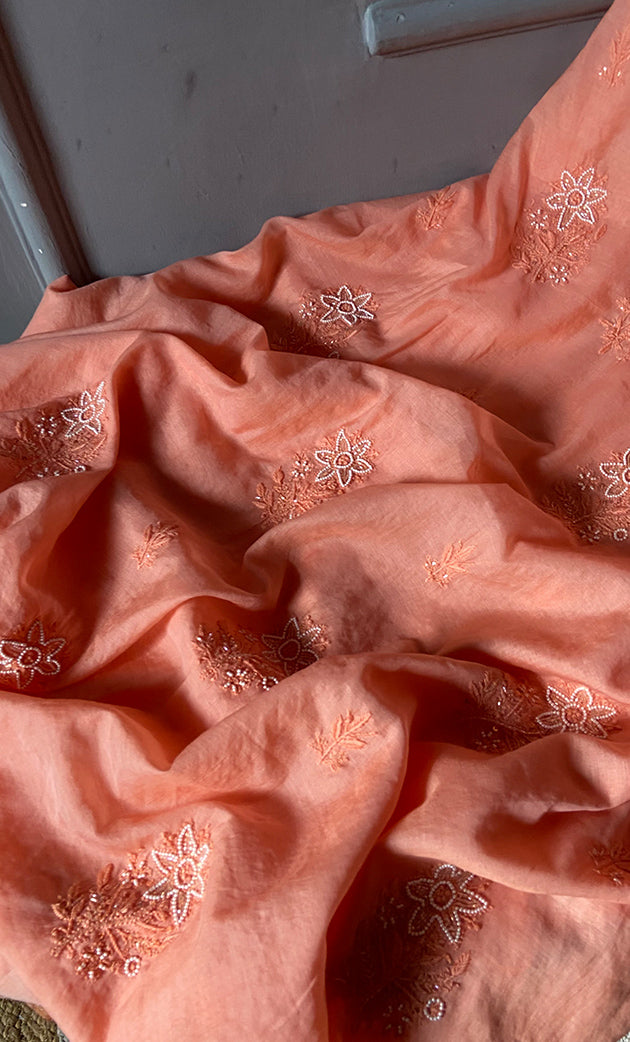 Women's Lakhnavi Handcrafted Mul Chanderi Unstitched Chikankari Full Suit Material - HONC0307155