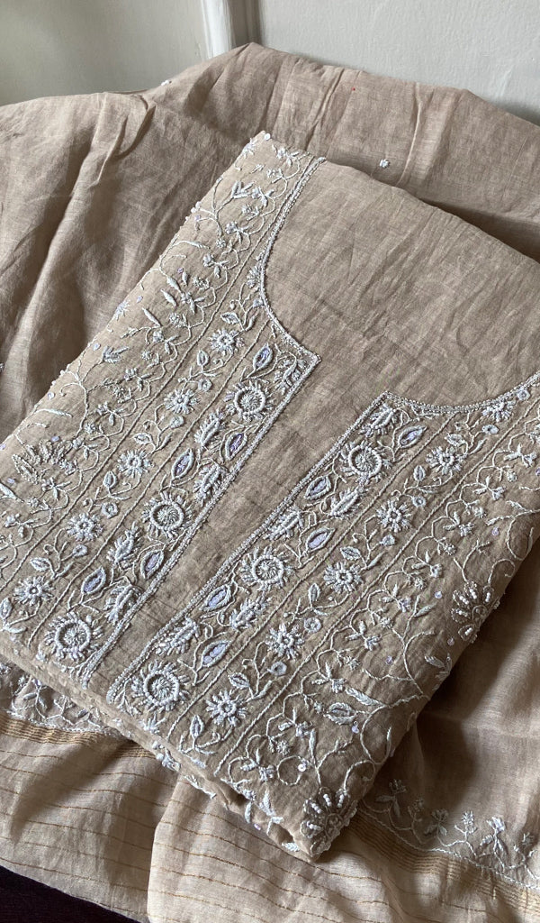 Women's Lakhnavi Handcrafted Mul Chanderi Semi - Stitched Kurta And Dupatta Set - HONC0241683