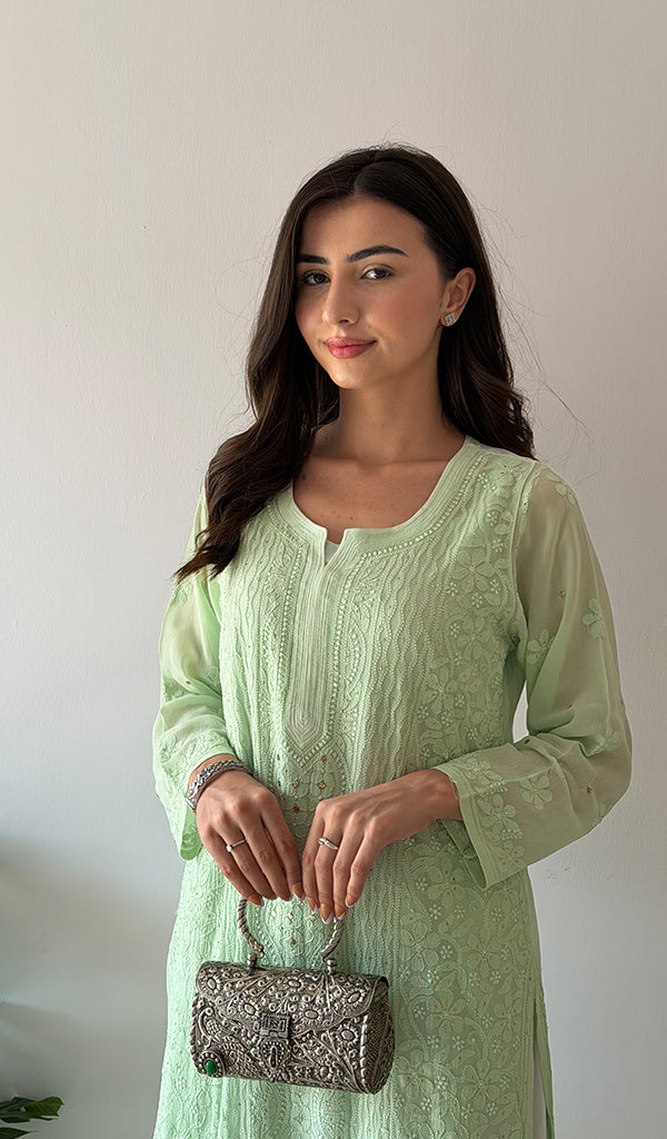 Yusra Women's Lakhnavi Handcrafted Viscose Georgette Chikankari Kurti- HONC0327560