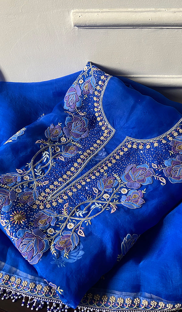 Women's Lakhnavi Handcrafted Pure Organza Chikankari Unstitched Kurta And Dupatta Set- HONC0343160