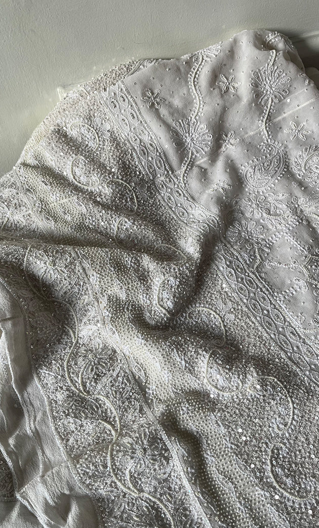 Women's Lakhnavi Handcrafted Pure Silk Georgette Chikankari  Unstitched Anarkali And Dupatta Set- HONC0321064