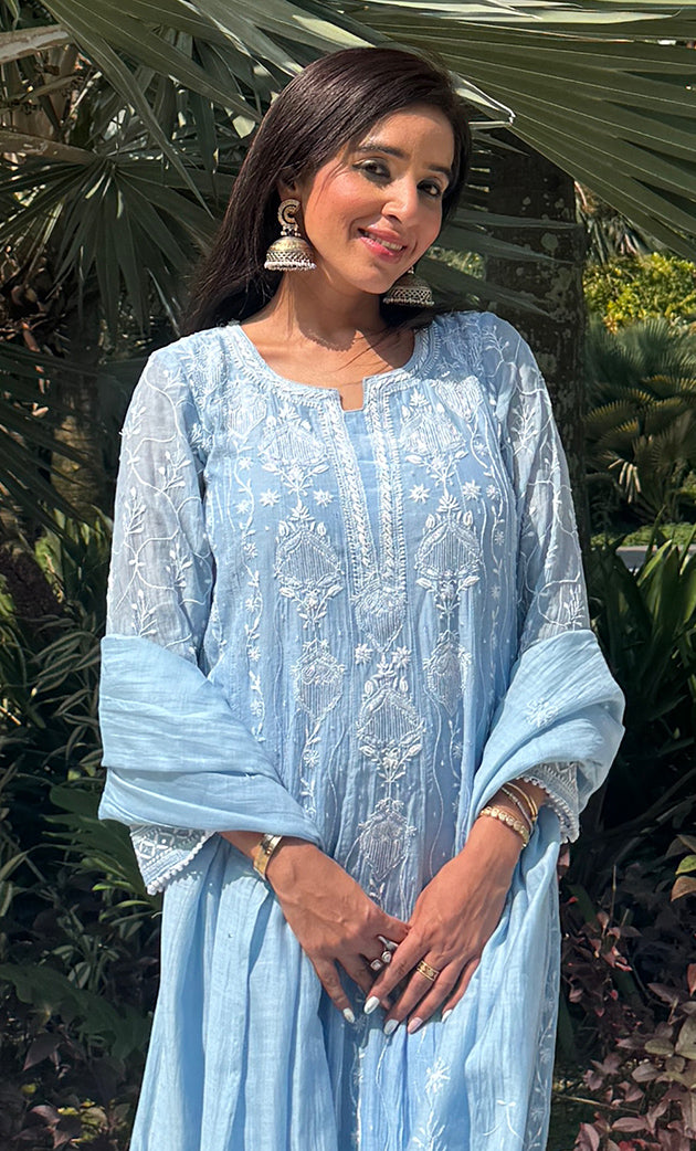 Laiba Women's Lucknowi Handcrafted Mul Chanderi  Stitched Chikankari Anarkali , Dupatta With pant Set- HONC0135000