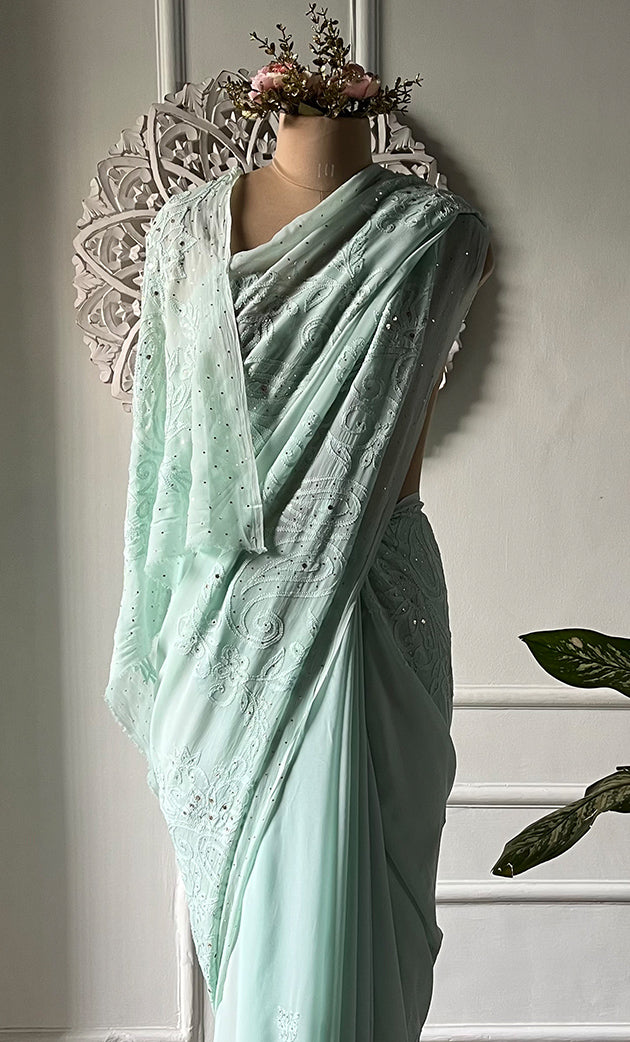 Women's Lakhnavi Handcrafted Viscose Georgette Chikankari Saree - HONC0317904