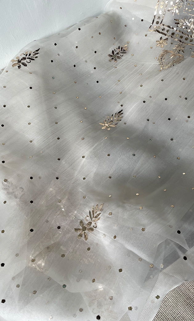 Women's Lakhnavi Handcrafted Pure Organza Chikankari Unstitched Kurta And Dupatta Set- HONC032185