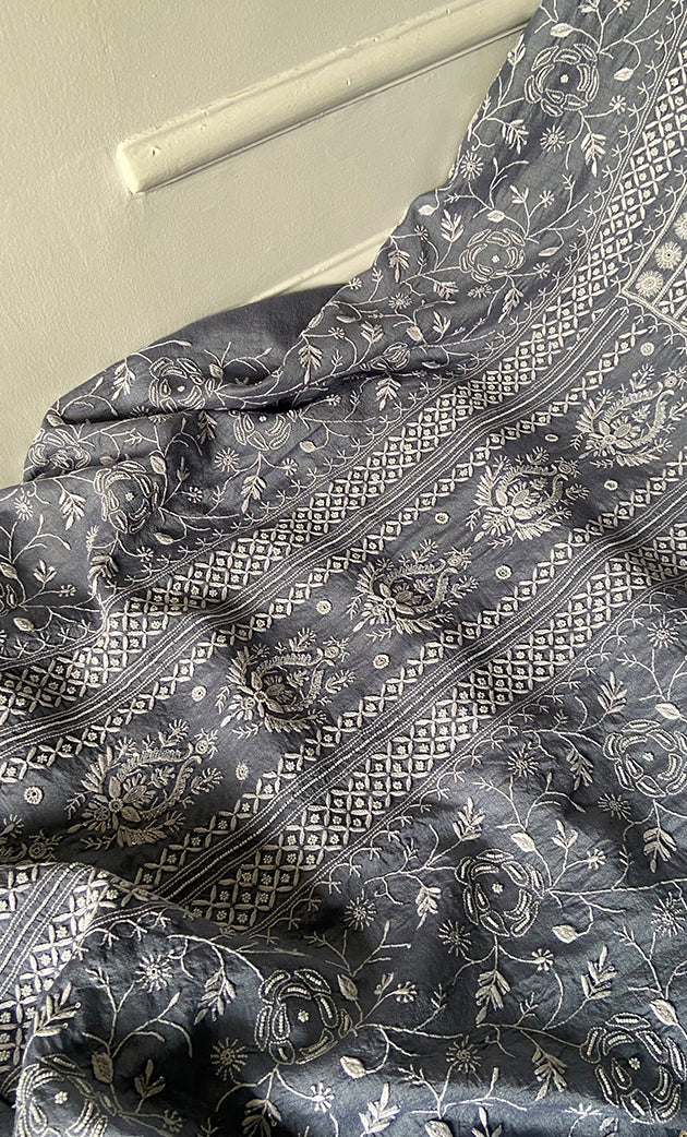 Women's Lakhnavi Handcrafted Unstitched Munga Silk Chikankari Kurta And Dupatta Set- HONC0268577