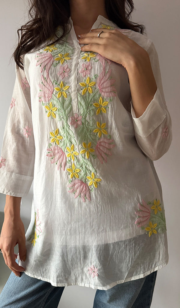Sophia Women's Lakhnavi Handcrafted Mul Chanderi Chikankari Top - HONC0372912